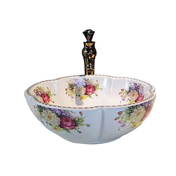 LIQIAONAN White Ceramic Flower Shape Vessel Sink Above Counter Bathroom Vanity Basin Bowl