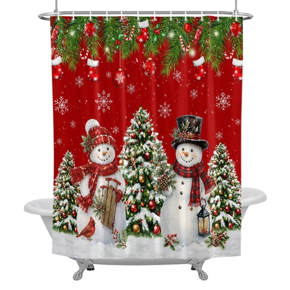 Bathroom Shower Curtain Merry Christmas Snowman Pine Tree Bell Waterproof Shower Curtains with Hooks, Snowflake Red Bath Curtains Bathtub Curtain Home Decor 36x72in