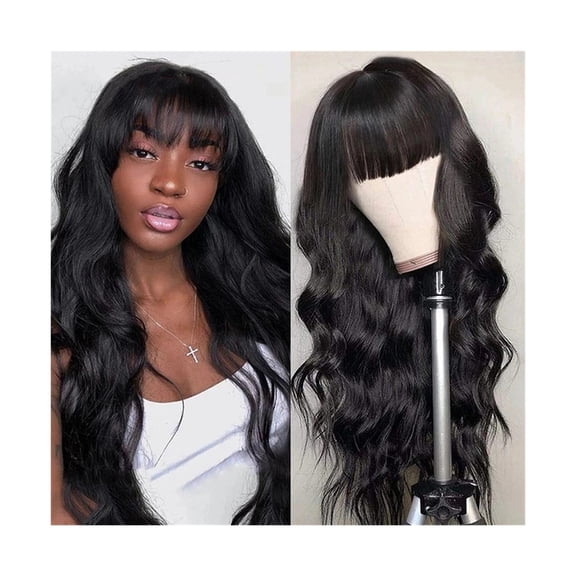 Wig with Bangs Human Hair Body Wave None Lace Front Wigs for Black Women 14-40 Inch Long Glueless Full Machine Remy Hair Wig, Natural Color