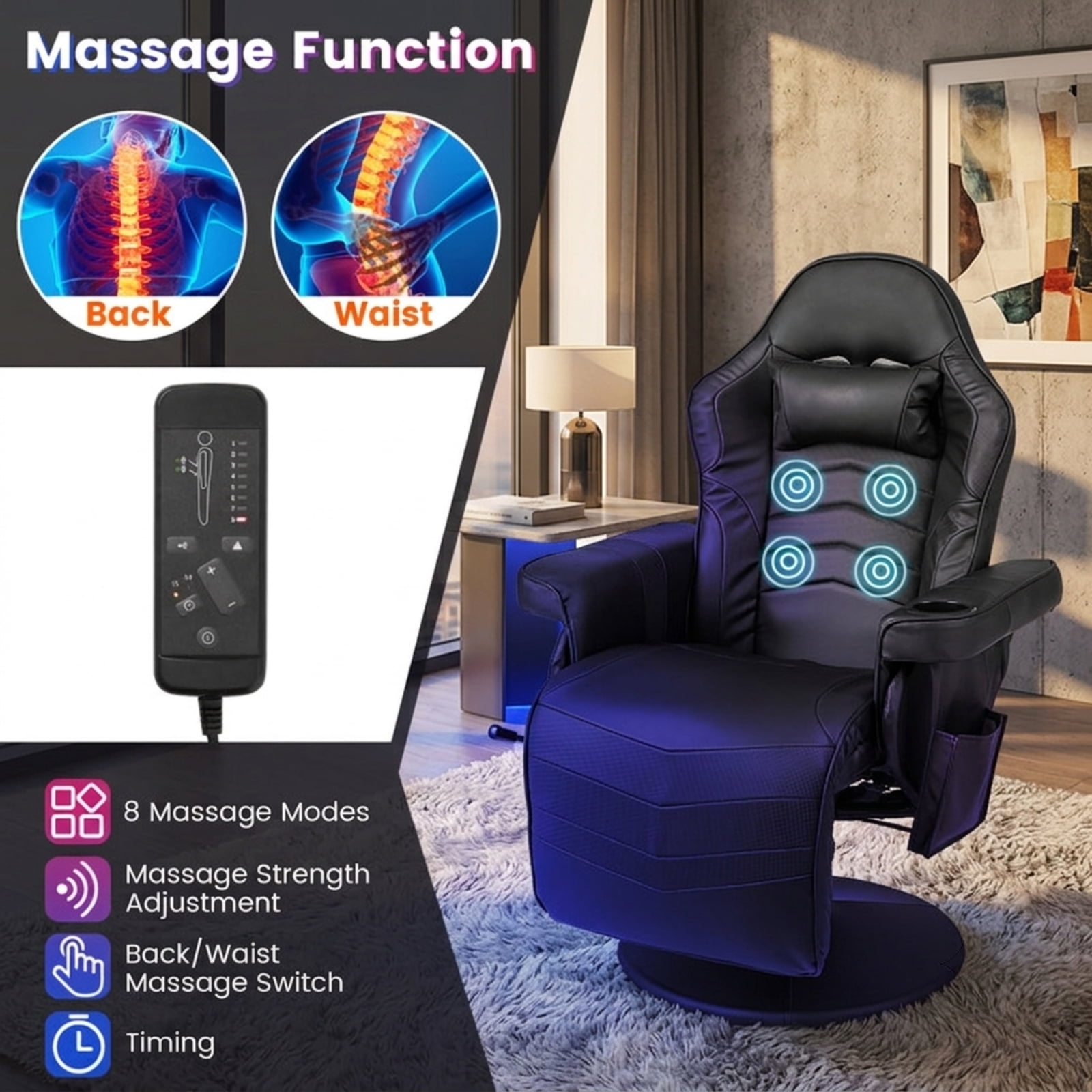 Furnibear Massage Video Gaming Recliner with Adjustable Height Reclining Backrest Retractable Footrest and Cup Holder for Office and Gaming, Black