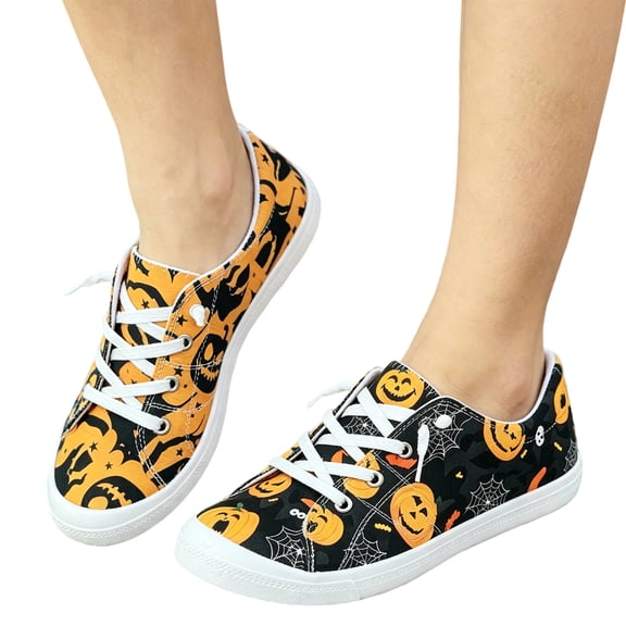 Willtoo Women Halloween Pumpkin Shoes Cute Spooky Print Loafers Lightweight Comfortable Platform Casual Walking Shoes Slip on Flat Sneakers Boat Shoes with Soft Sole
