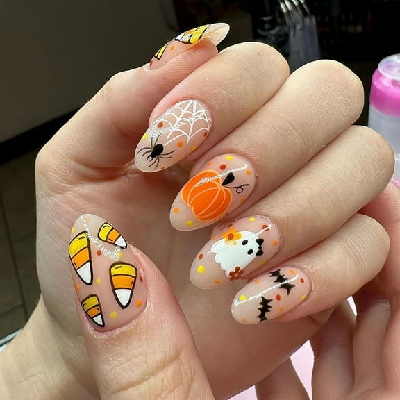 Halloween Press on Nails Medium Almond Fake Nails Brown French Tip False Nails with Flower Designs Glossy Little Ghost Halloween Nails Full Cover Fall Acrylic Nails for Women and Girls 24 Pcs