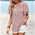 thumbnail image 2 of Women V Neck Top Ruffled Sleeves Hollow Out Lace Stitching Loose Type Casual T Shirt for Summer Pink L, 2 of 6