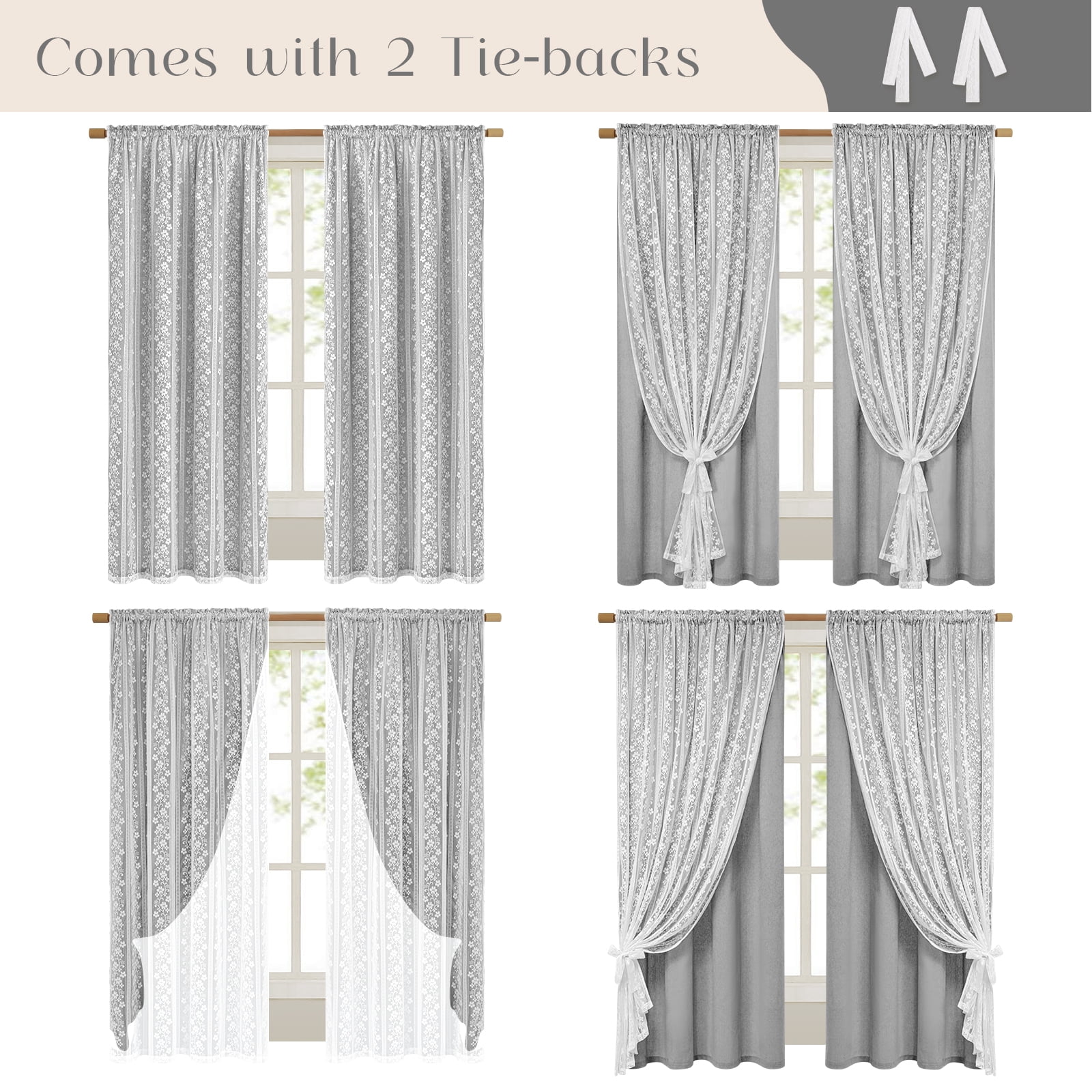Alishomtll Grey Linen Curtains with Lace Sheer 84 Inches Long, Double Layer Light Filtering Window Drapes for Bedroom Living Room,W52 X L84,2 Panels