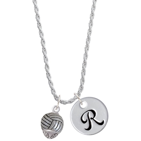 Delight Jewelry Silvertone Volleyball Spinner Silvertone Script Initial Disc - R - Charm Necklace, 20"+3"