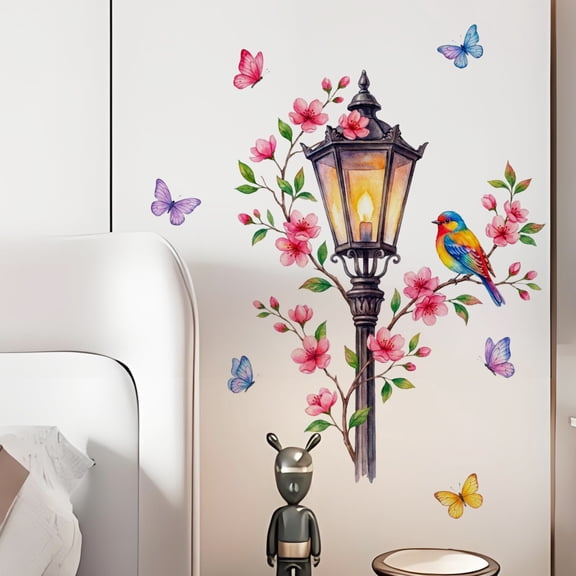 Vintage Street Lamp Wall Decals With Painted Flowers, Branch Birds And Butterflies - Waterproof Removable Peel And Stick Wall Decor For Living Room, Bedroom, Hallway,Home Interior