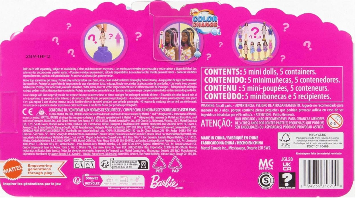 Barbie Mini Barbie Land 5-Pack Fashionistas Dolls, 1.5-inch Mini Dolls in Nail Polish Containers, Instant Collection & Surprise Reveals (Styles May Vary)