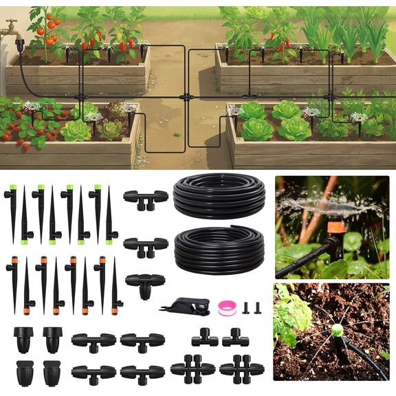 RainPoint Drip Irrigation System with 25FT 5/16" and 50FT 1/4" Irrigation Tubing, Adjustable Emitters DIY Drip Irrigation Kit for Potted Plants, Patios& Garden, Raised Beds