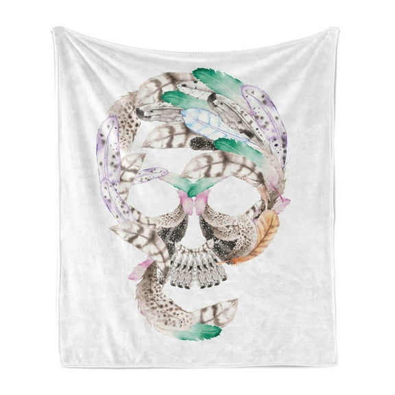 Feather Soft Flannel Fleece Throw Blanket, Human Skull with Watercolor Feathers Hand Drawn Native Abstract, Cozy Plush for Indoor and Outdoor Use, 70" x 90", Multicolor, by Ambesonne