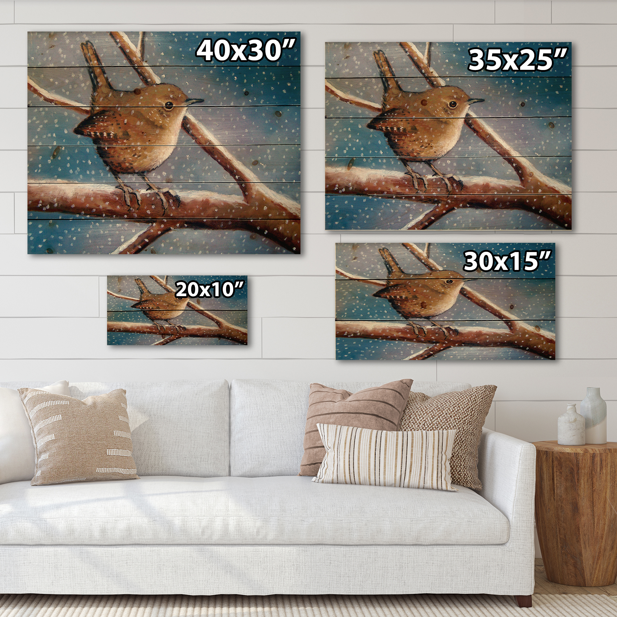 Designart 'Wren Bird On Branch In Winter' Farmhouse Print on Natural Pine Wood