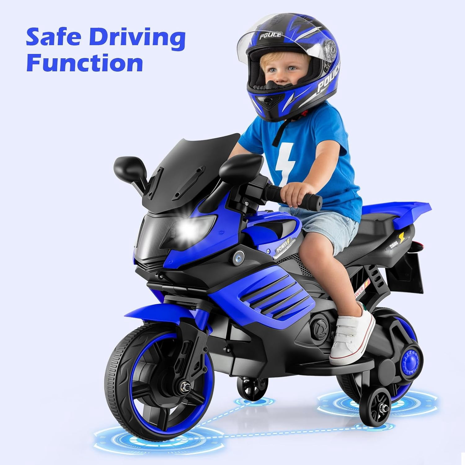 OLAKIDS 6V Kids Motorcycle with Training Wheels, Horn, Music, Headlight for Boys Girls Aged 3+ Years
