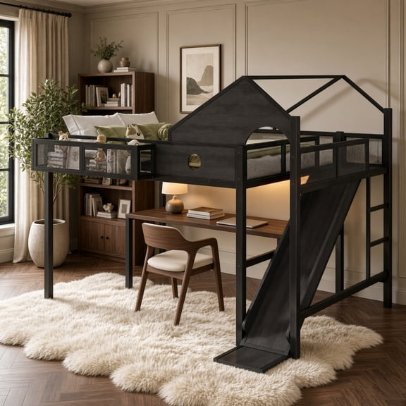 Queen Size Multifunctional Loft Bed with Slide, Desk & Storage Shelves, Metal Loft Bed Frame with USB Ports & LED Lights, Triangular Geometry House Design, Black
