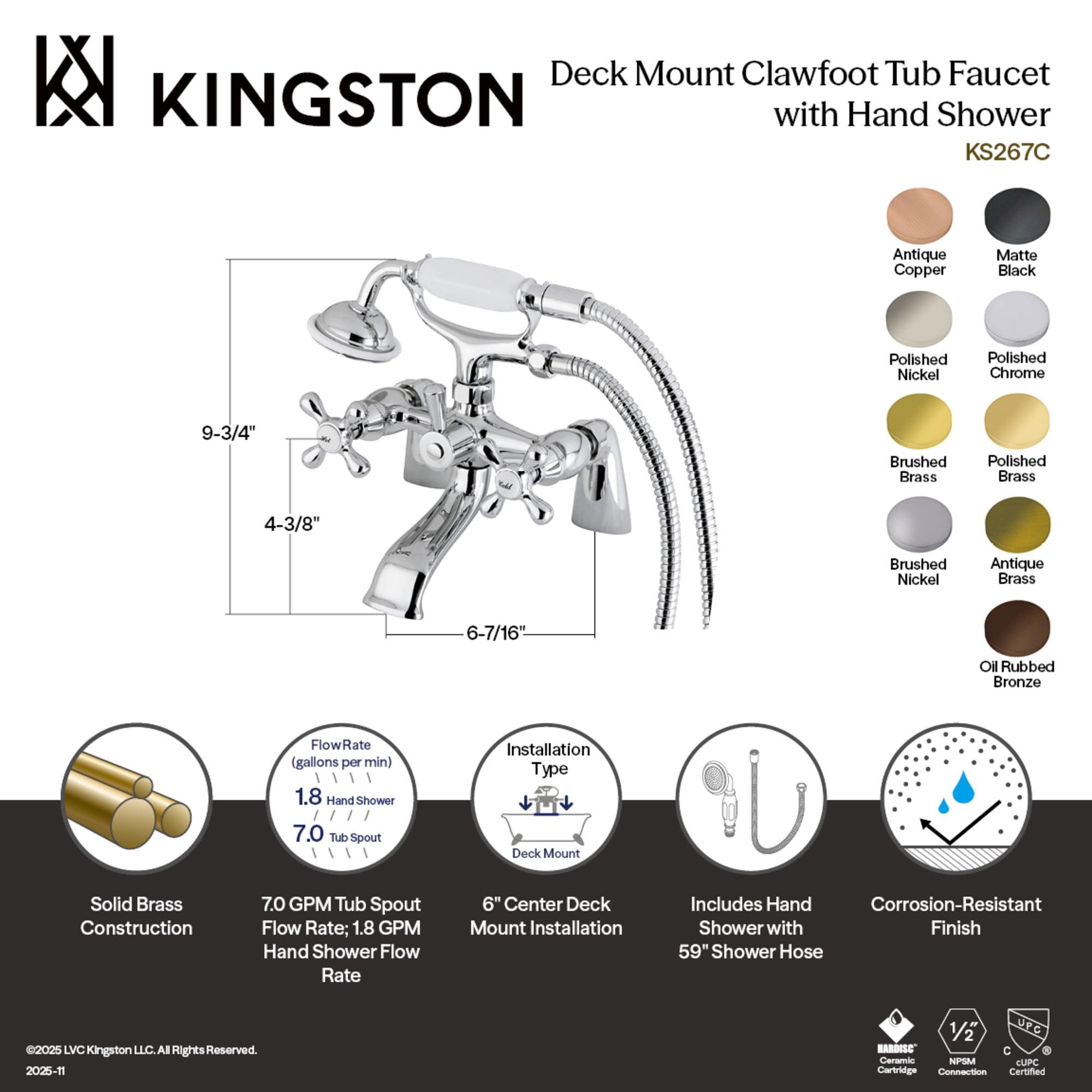 Kingston Brass KS267AB Kingston 6" Center Deck-Mount Clawfoot Tub Faucet with Hand Shower, Antique Brass