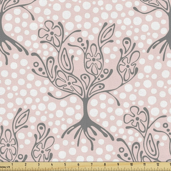 Tree Fabric by the Yard, Line Drawing Silhouettes of Trees Ornamental Motifs on White Dots, Decorative Upholstery Fabric for Sofas and Home Accents, 1 Yard, Pale Pink White Grey by Ambesonne