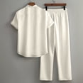 thumbnail image 3 of JUUYY Men's 2 Piece Set Pleated Texture Button Down Short Sleeve Collar Shirt Relaxed Fit Elastic Waist Long Pants Vacation Outfit Beige L, 3 of 8