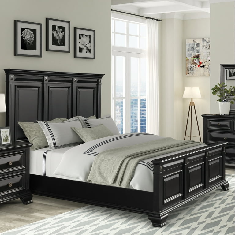 Roundhill Furniture Vintage Black Wood Bedroom Set, King Panel Bed, Dresser,  Mirror, Nightstand - Walmart.com
