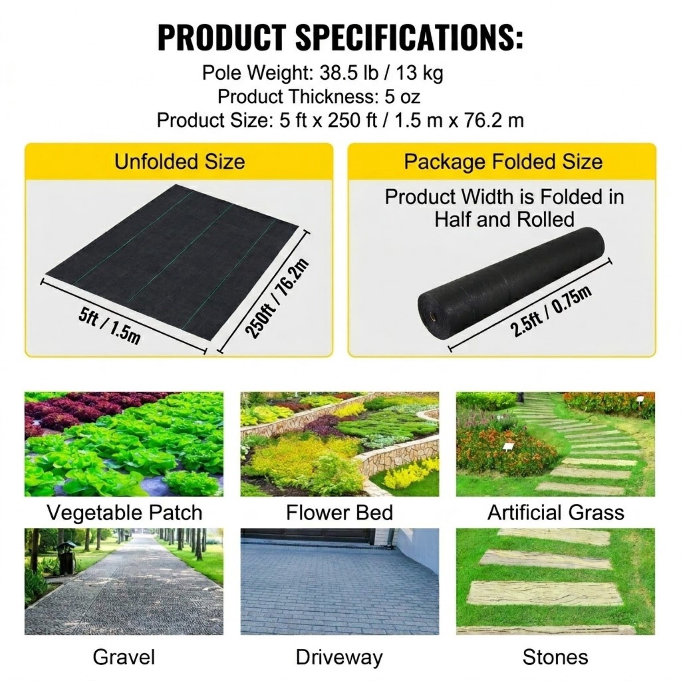 5 x 250 ft Weed Barrier Landscape Fabric, 5 oz Heavy Duty Woven Ground Cover for Garden and Driveway, Black