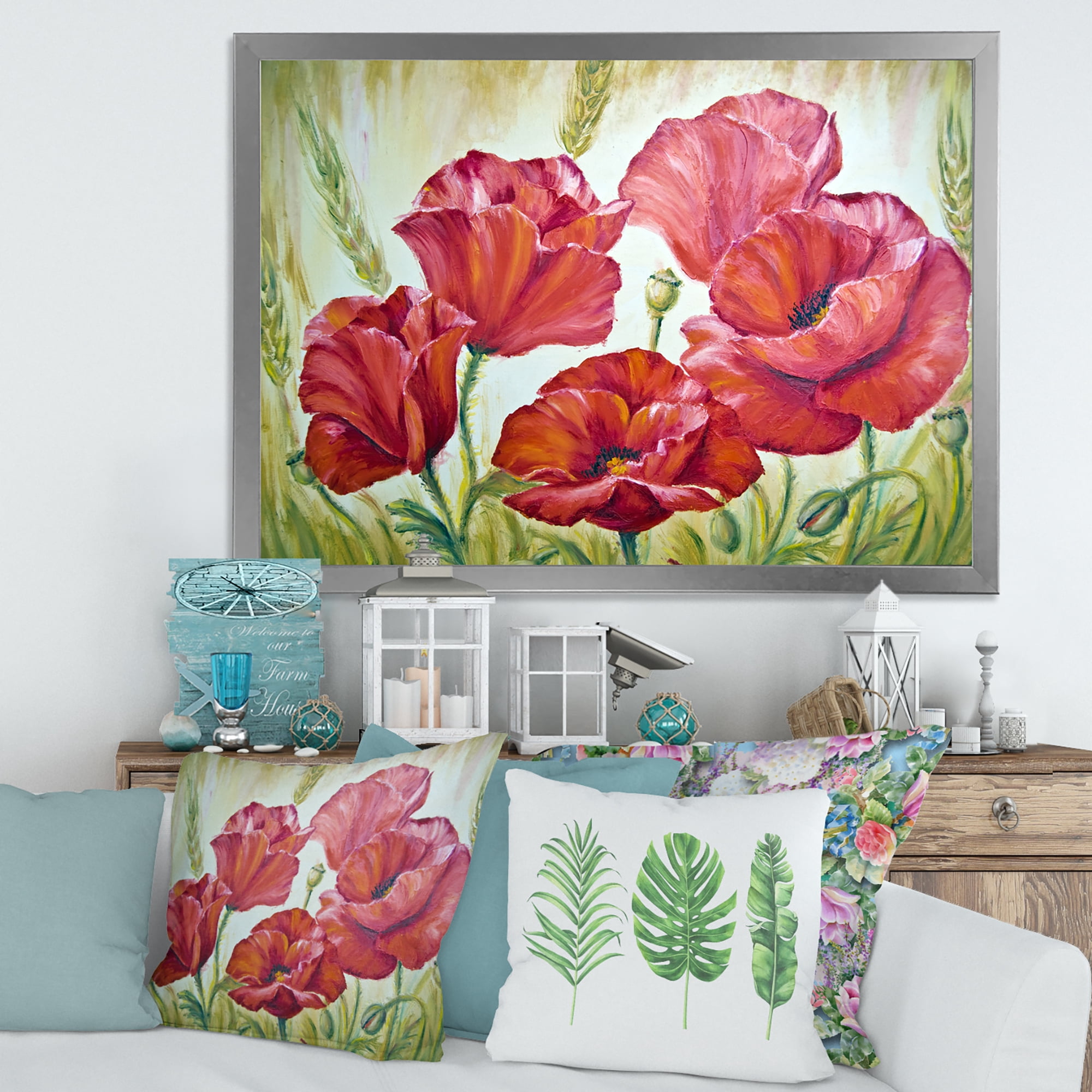 Designart 'Blossoming Red Poppies In The Morning' Traditional Framed Art Print