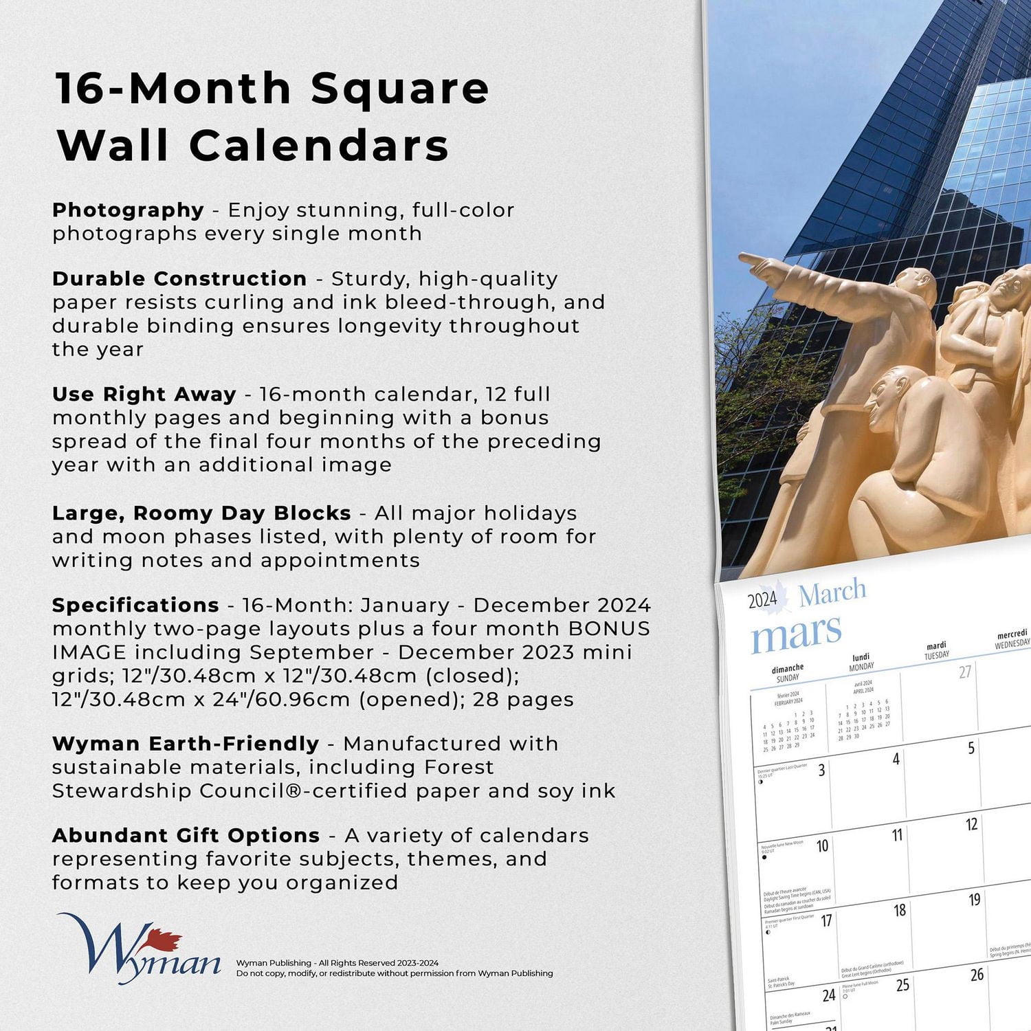 Wyman Publishing Montréal 2024 30.48x60.96 CM Mur Carré Calendrier, 9781525611537