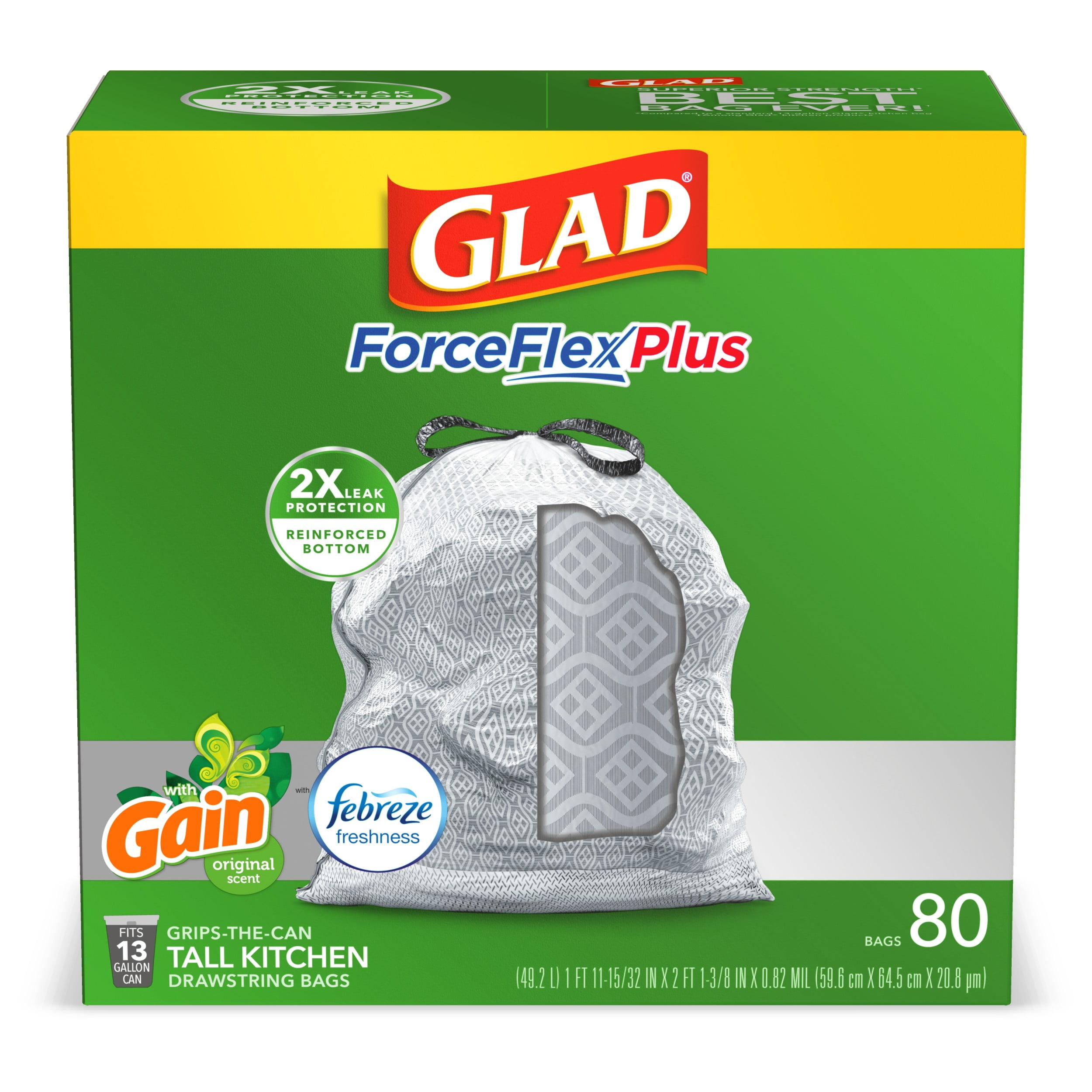 Glad Tall Kitchen Trash Bags, 13 Gallon, 80 Bags (ForceFlexPlus, Gain