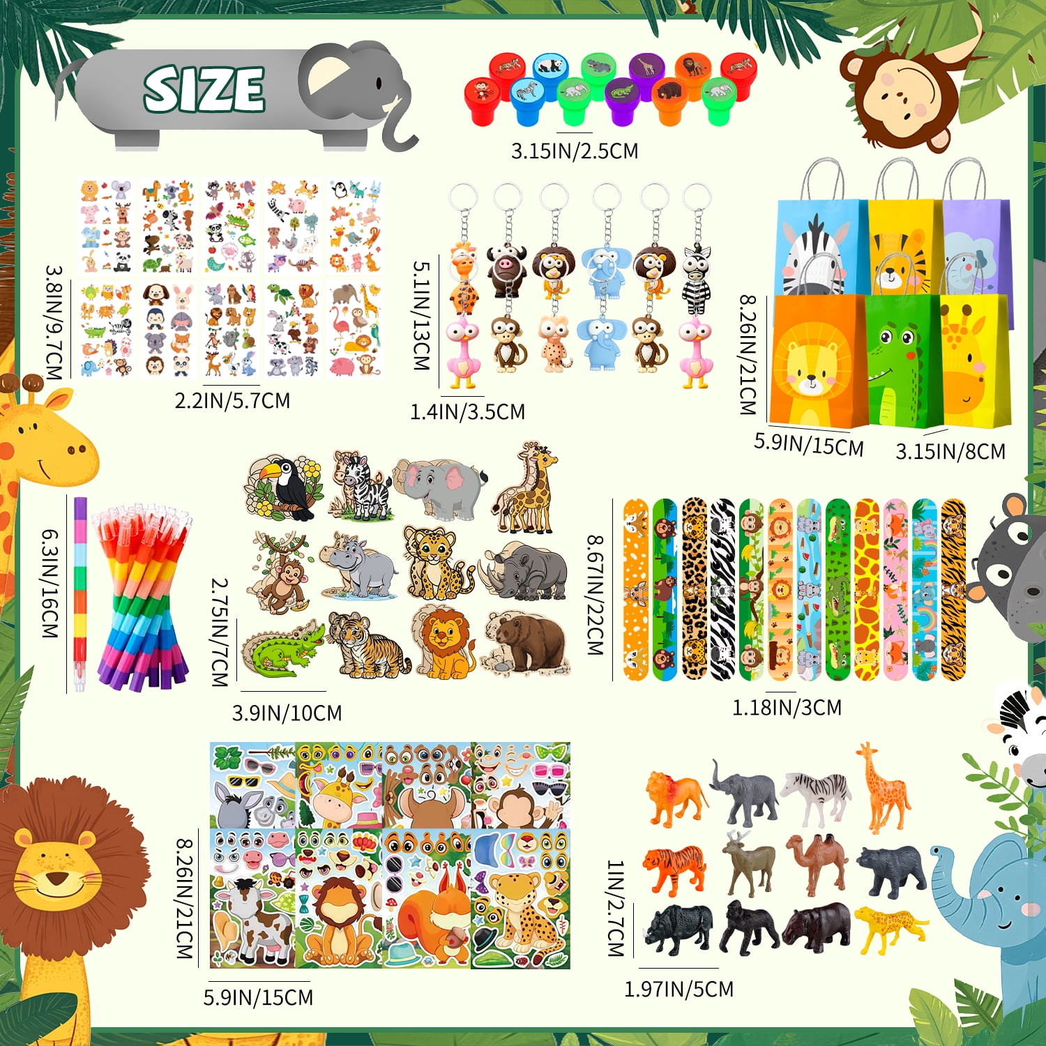 108Pcs Animals Party Favors,  Animals Birthday Favors Set- Animals Goodie Bags Key Chains Stickers Diy Wooden Ornaments etc Animals Party Supplies for Animals Birthday Decorations