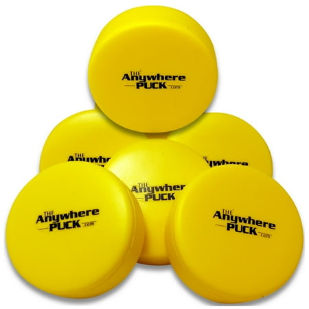 Anywhere Sports: The Anywhere Puck - 6pk Yellow Foam Hockey Training Pucks Super Soft & Durable Indoor Rink & Outdoor Play Storage Bag Kids 3+