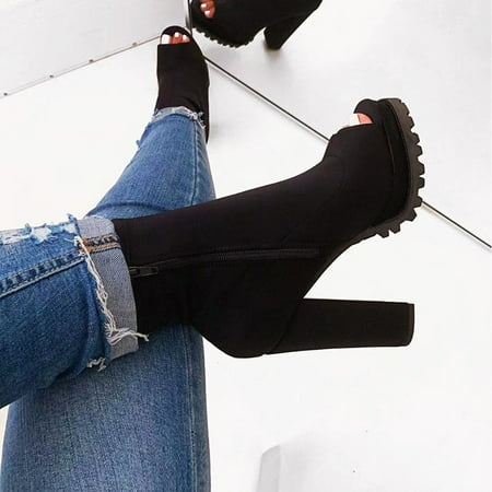 

Ankle Boots Women Ladies Thick High Heel Peep Toe Boots Zipper Ankle Boots Single Shoes