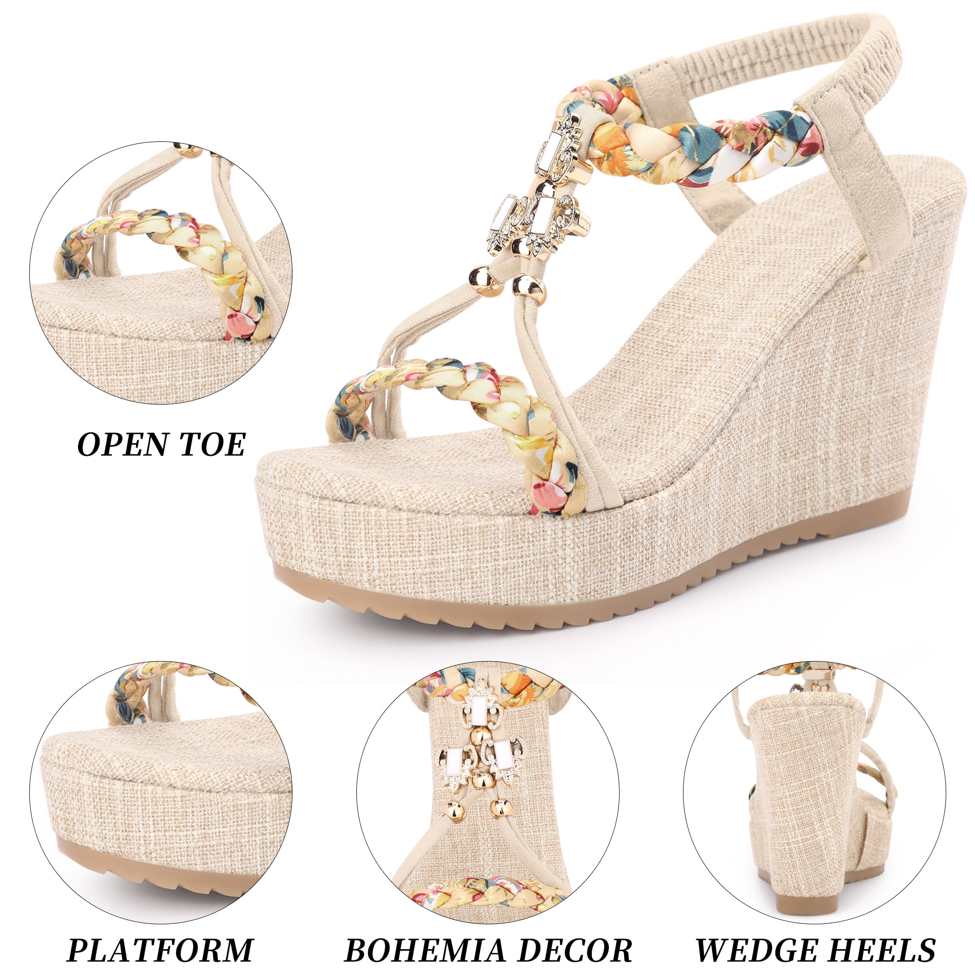 DARING DIVA Women's Stylish Bohemia Pull on Platform Wedge Heel Sandals Beige 8