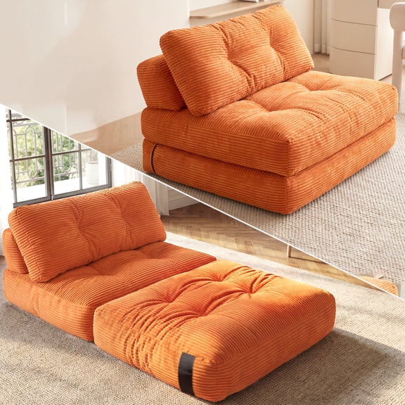 Guyii Orange Convertible Sleeper Chair Folding Sofa Bed | Back Support Pillow, Multifunctional Futon, Portable Design, Single Couch, Floor Sofa