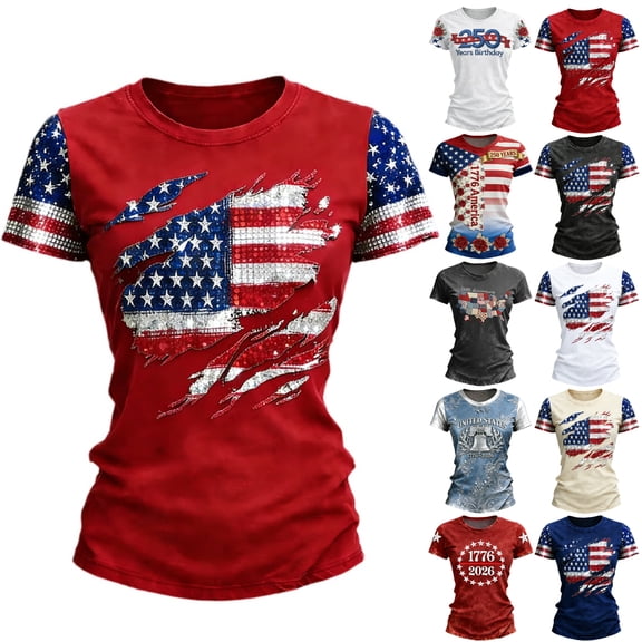Women's 250th Anniversary Patriotic T-Shirt - Distressed American Flag Graphic Tee - Short Sleeve Crew Neck Top - USA Independence Day 2026 Casual Shirt Beige L