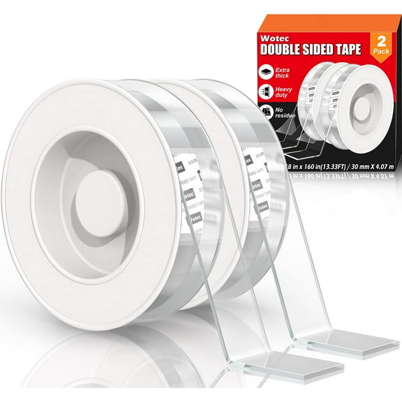 2 Pack Extra Large Double Sided Tape Heavy Duty Removable 1.18 Inch x 160 Inch, Clear & Tough Nano Tape, Multipurpose Mounting Tape Picture Hanging Strips Adhesive Poster Carpet Tape