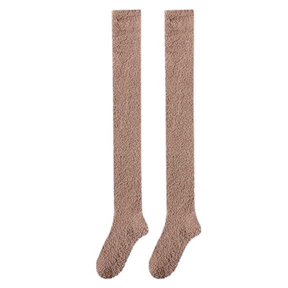 UJNDER Women's Autumn Winter Solid Color Coral Velvet Over Knee Socks Thickened Warm Home Sleep Stockings Coffee