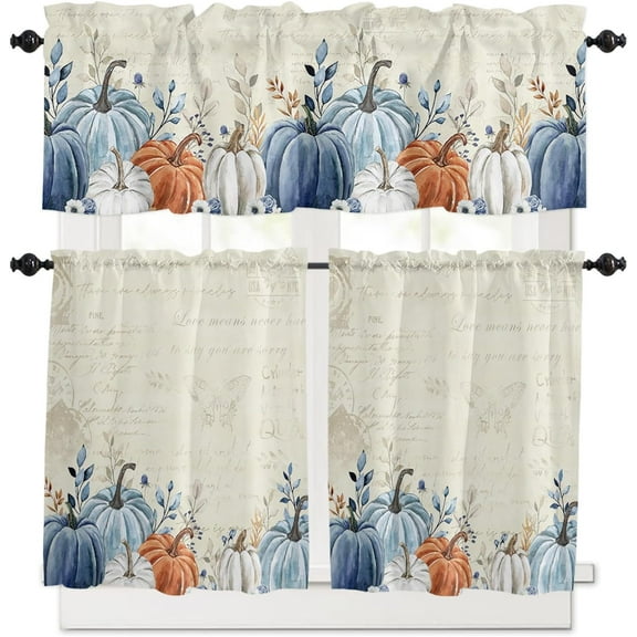 Blue Grey Pumpkin Fall Kitchen Curtains Set Half Curtains 36 Inches Length, Thanksgiving Rustic Tier Curtains and Valance Set, Maple Leaf Botanical Window Treatment Draperies for Cafe Bathroom Bedroom
