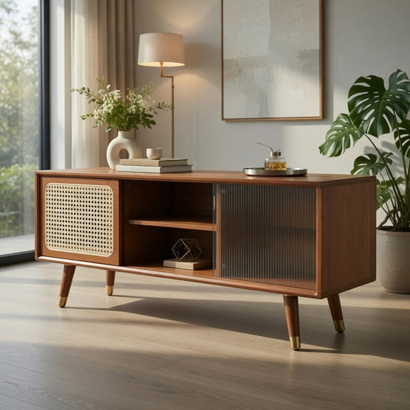 GVN TV Stand, Entertainment Center,Modern TV Stand with Rattan Glass Sliding Doors-Brown