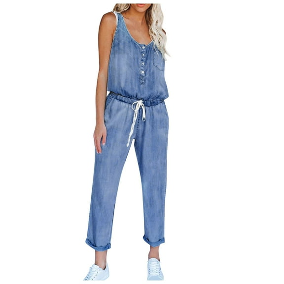 Giftesty Jumpsuit for Women Clearance,Womens Casual Off Shoulder Denim Jeans Pocket Sleeveless Jumpsuits Rompers