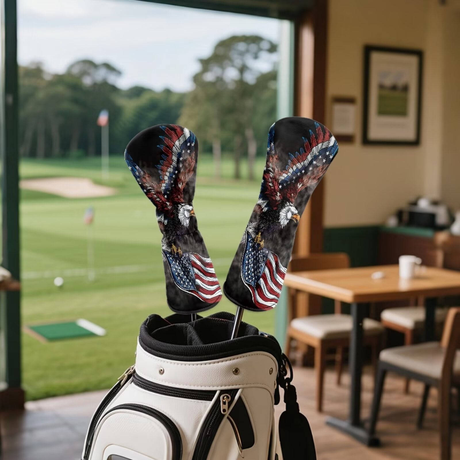 Uorisanigo Golf Club Headcover 3/5 Wood Headcover Elastic Closure Premium Leather Bald Eagle American Flag Golf Driver Headcovers, Fairway Wood Head Cover, Hybrid Cover, Set of 3