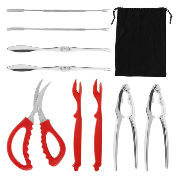 9Pcs Crab Crackers and Tools Stainless Steel Crab Leg Cracker Tool with Crab Legs Fork Seafood Fork Scissors with Storage Bag for Party