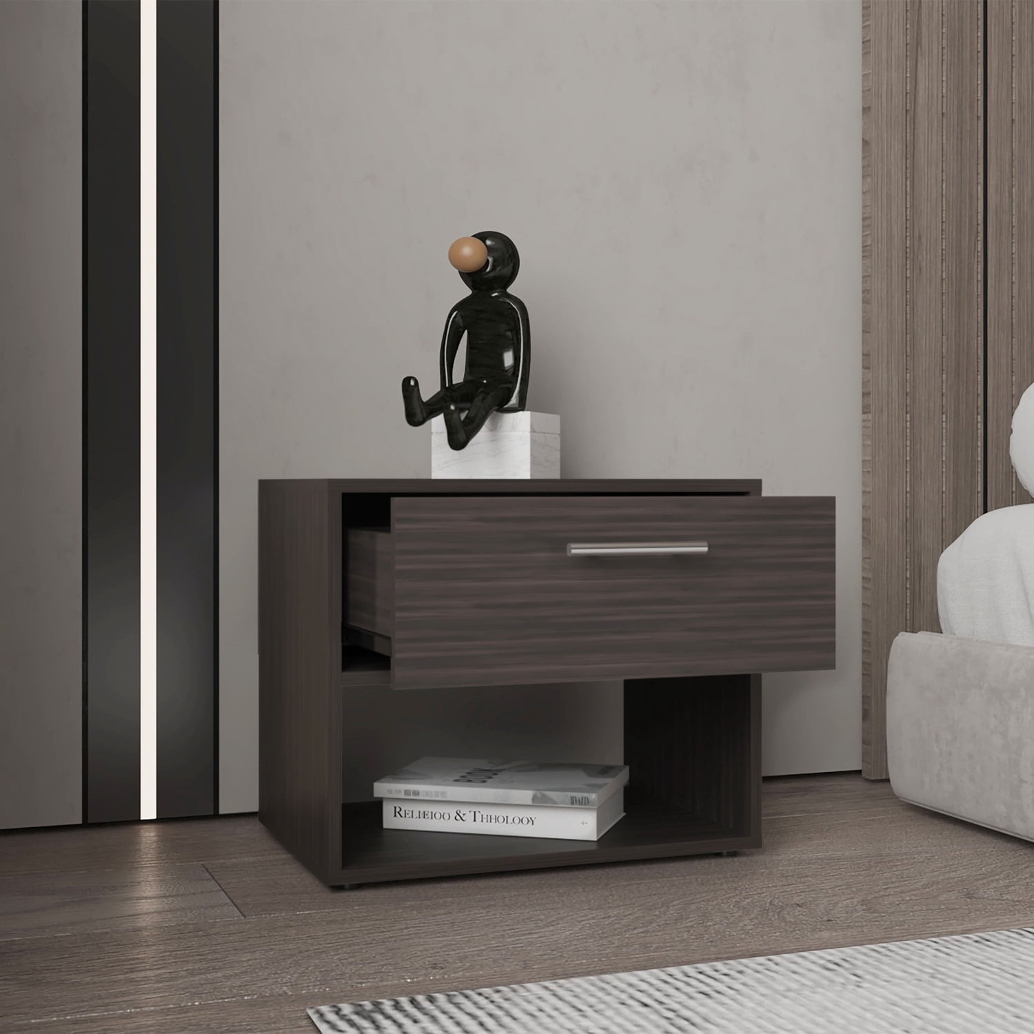 18" High Dark Walnut Nightstand with Drawer and Shelf for Bedroom or Living Room
