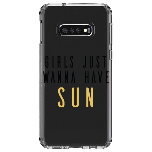 DistinctInk Clear Shockproof Hybrid Case for Samsung Galaxy S10e (5.8" Screen) - TPU Bumper Acrylic Back Tempered Glass Screen Protector - Girls Just Wanna Have Sun