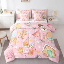Feelyou Girly Pink Christmas Twin Bedding Sets 7-Piece for Kids, Cute Gingerbread Man Bedding Comforter Set, Winter Snowflake Reversible Sheet Sets, Lightweight Room Decor