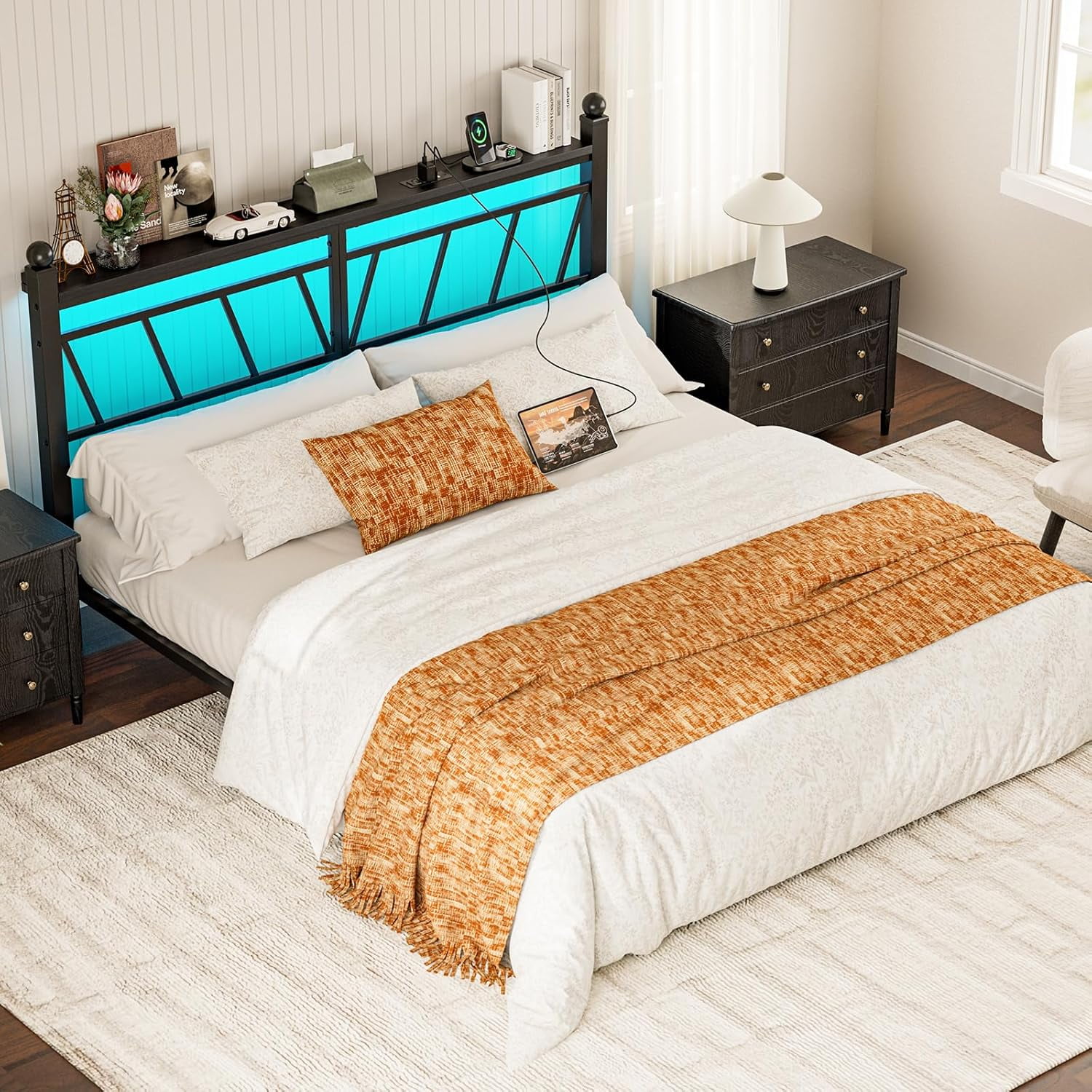 ARICOEASY Metal King Size Storage Headboard with LED Lights, Modern King Head Board with Outlets, USB & Type C Port, Farmhouse Vintage Style, Easy Assembly, Black
