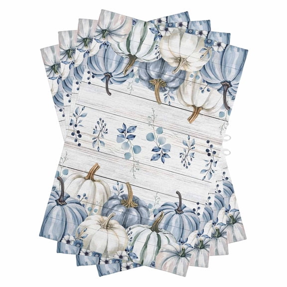 Navy Blue Pumpkins Fall Kitchen Towels Set of 4, Water Absorbent Dish Towel, Thanksgiving Wooden Eucalyptus Leaves Decorative Hand Towels - Quick Drying Cloth for Cooking Baking, 18x28 Inch