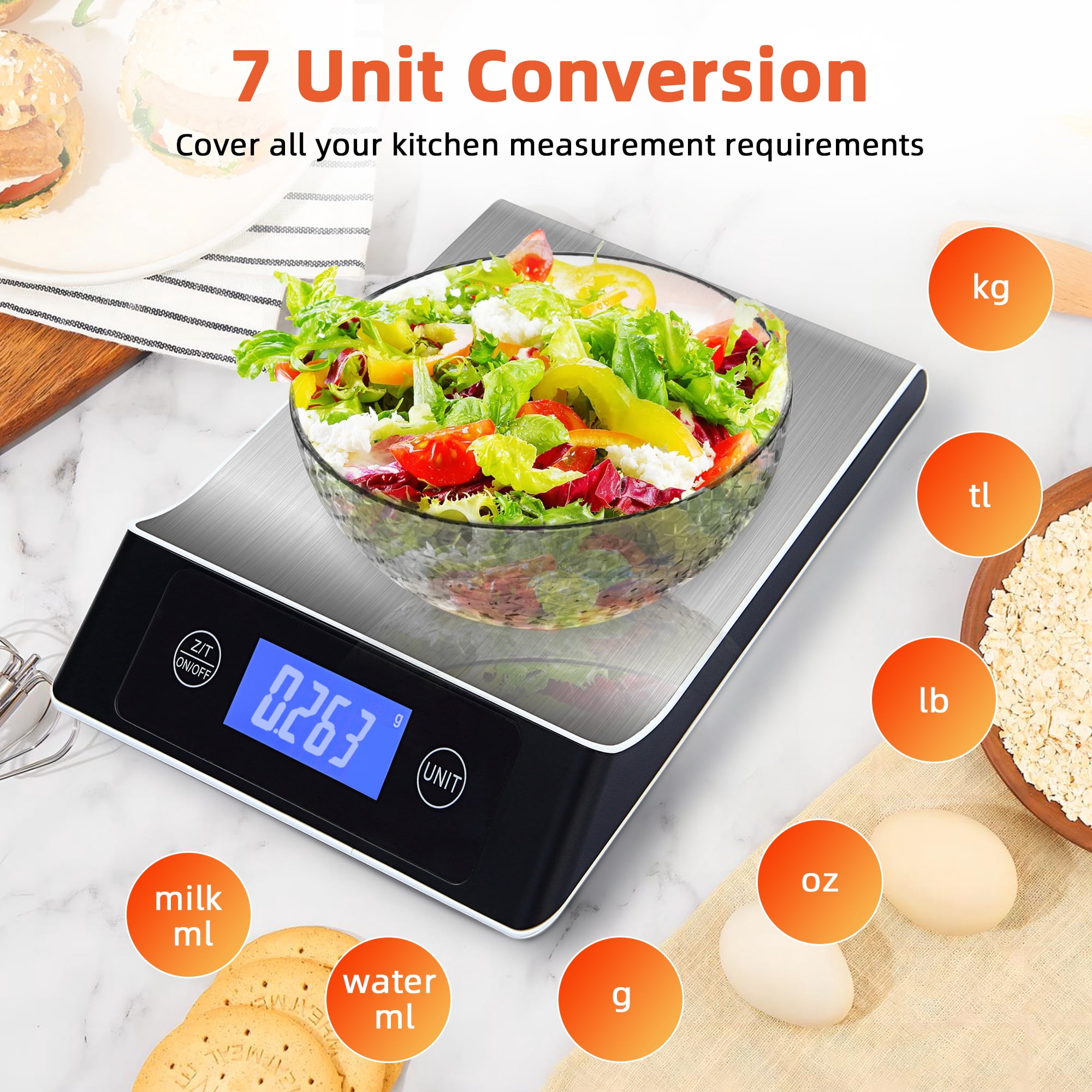 Food Scale, Kitchen Scale, MULISOFT Food Scales for Kitchen, LCD Display in Grams, Ounces, Pounds, Kilogram, Milliliter, Stainless Steel, 7 Units with Tare Function
