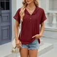 thumbnail image 3 of NINGMENG Hauts pour Femmes Couleur Unie Bouton Col en V Manches Courtes Amples T-shirts Mode Urbaine, Rouge, m, 3 of 6