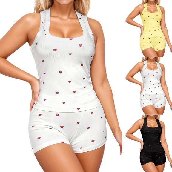 Kcolen Women's 2 Piece Heart Print Lounge Sets Sleeveless Square Neck Crop Top Matching Shorts Summer Casual Cute Dressy Outfit
