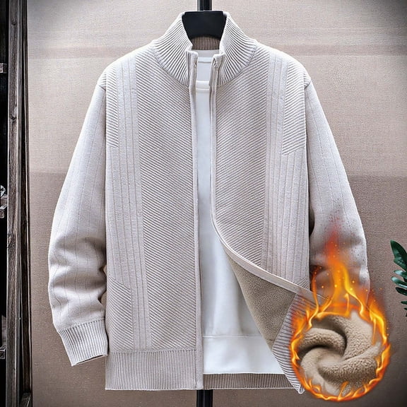 gbyLJF Men's Knitted Jacket Casual Loose Solid Color Long Sleeve Full Zipper Top Fleece Warm Stand-up Collar Sweater