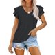 thumbnail image 2 of VISgogo Tops sueltos de verano para mujer, camiseta dulce con cuello en V y manga corta con volantes de doble capa con agujeros de color sólido VISgogo moda, 2 of 5