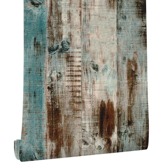 Haokhome Vintage Woods Panel Wallpaper Rolls Blue/Brown Peel and Stick Wall Paper Murals Barnwood 17.7"x 19.7ft