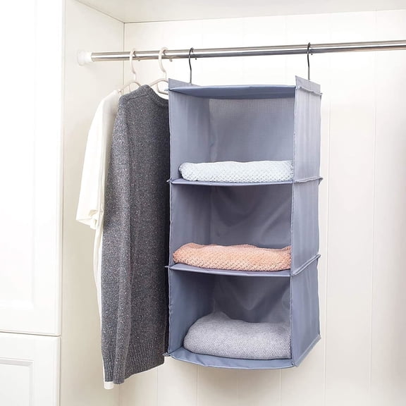 Hanging Closet Organizer 3-Shelf, Wardrobe Storage, Gray | Easy-mount foldable holds clothes, handbags, shoes & accessories; sturdy and space-saving.