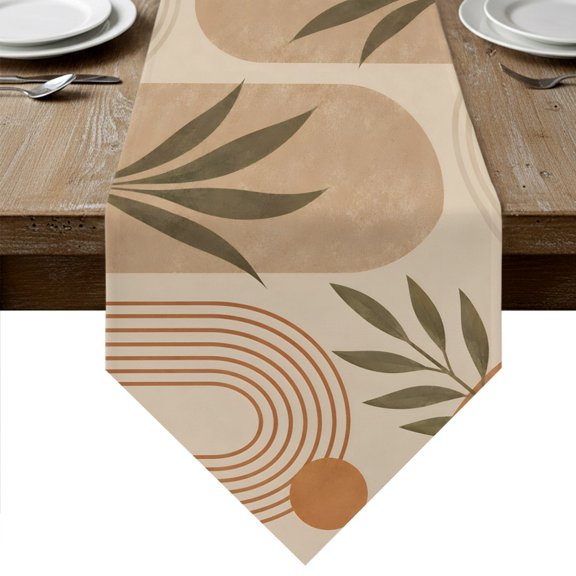 Boho Leaves Table Runner Linen Burlap Table Runner 72 Inches Long Middle Century Vintage Terracotta Lines Dresser Scarves for Kitchen Island Coffee Dining Room Party Wedding Holiday Decor 13"x72"